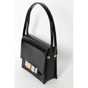 Vintage Black Snake Embossed Leather Bow Flap Handbag Purse